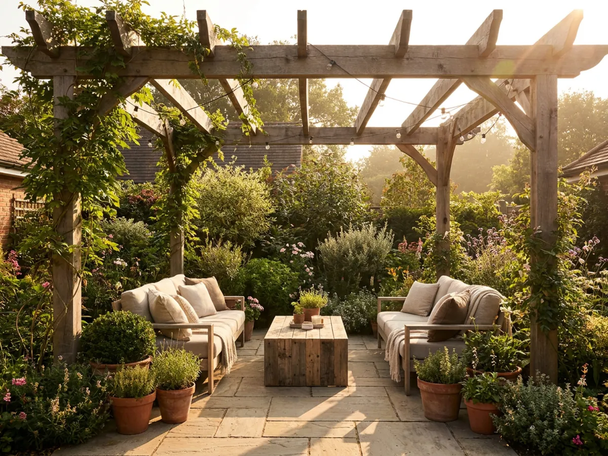 Une terrasse de cour arrière avec une pergola, des sièges extérieurs et des plantes disposées en plusieurs niveaux