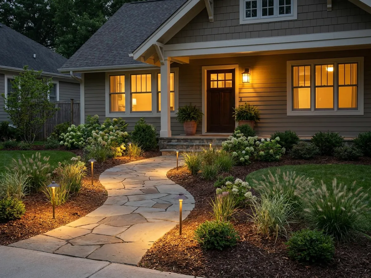 Le jardin de devant d'une maison avec un aménagement paysager frais, une allée en pierre et un éclairage chaleureux