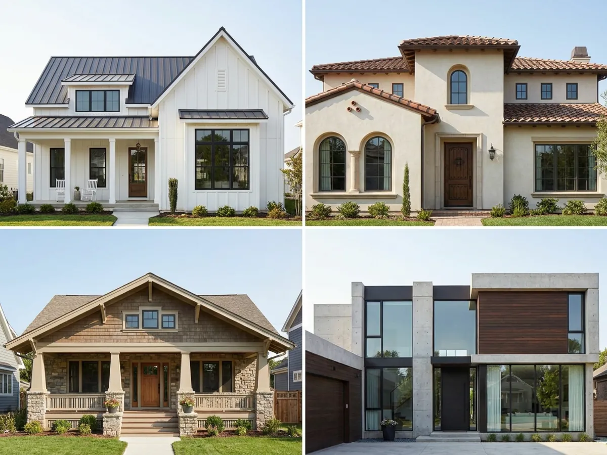 Quatre extérieurs de maison présentés dans les styles farmhouse moderne, méditerranéen, craftsman et contemporain