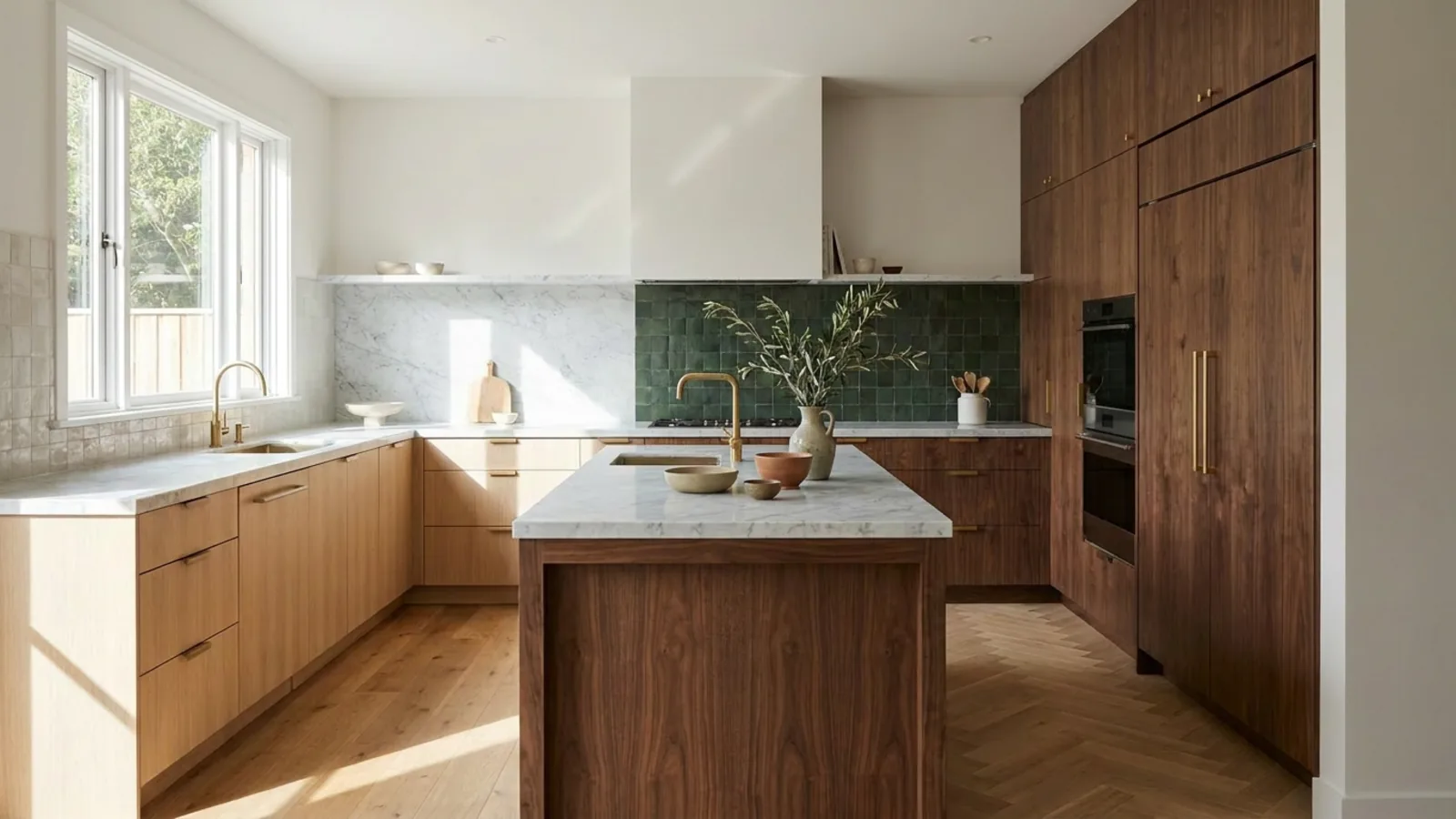 La même cuisine rénovée avec de nouvelles façades de placards, plans de travail et sol, disposition inchangée