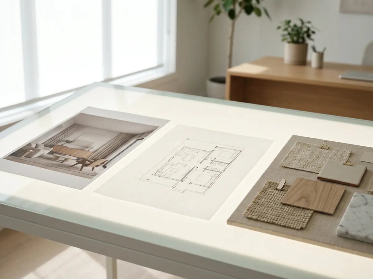Un aperçu de rénovation basé sur une photo à côté d'un rendu de modèle 3D et d'un moodboard