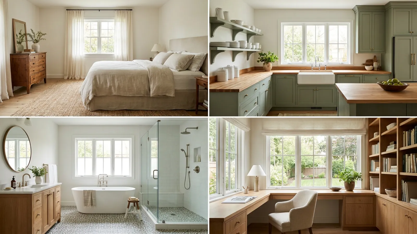 Réaménagements par IA d'une chambre, d'une cuisine, d'une salle de bain et d'un bureau à domicile, structure préservée