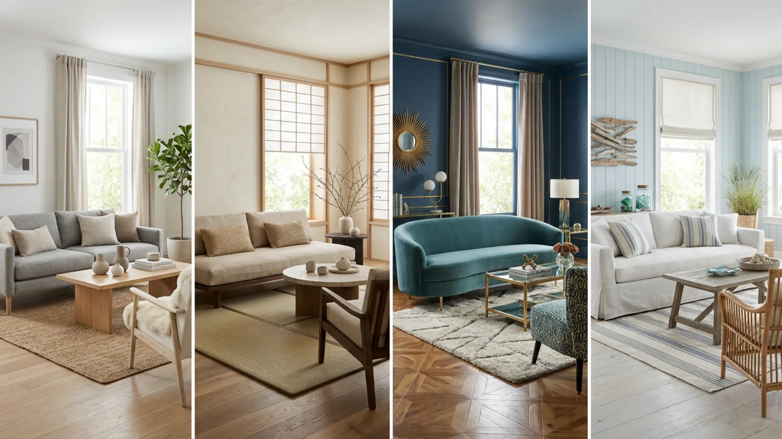 Un même salon présenté dans les styles scandinave, japandi, art déco et bord de mer, disposition inchangée
