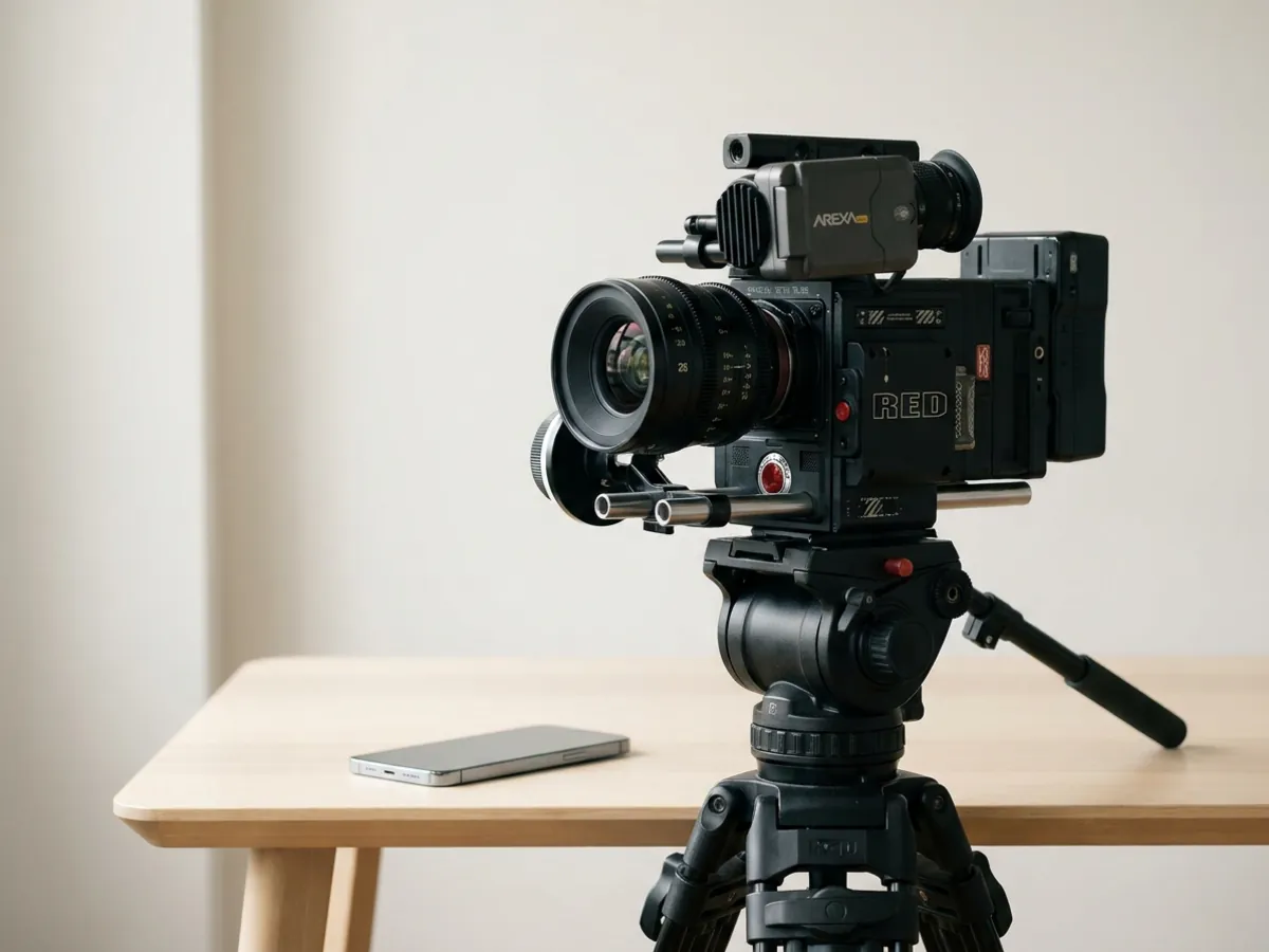 Une caméra vidéo professionnelle à côté d'un téléphone, illustrant le coût d'un tournage par rapport à l'IA