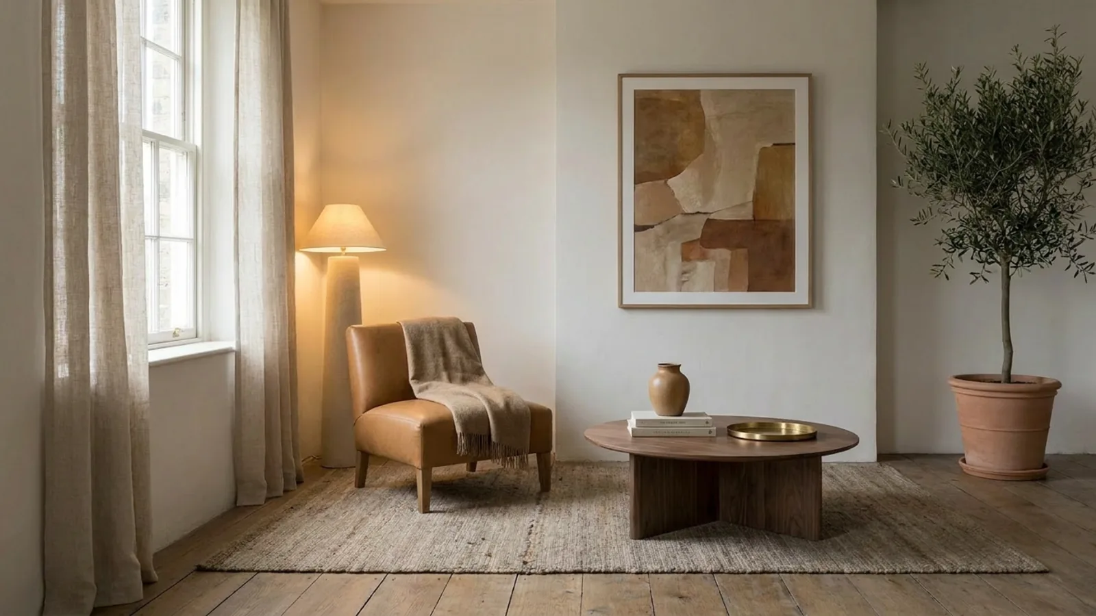 La même pièce entièrement repensée dans une palette moderne et chaleureuse avec de nouveaux meubles et objets de décoration