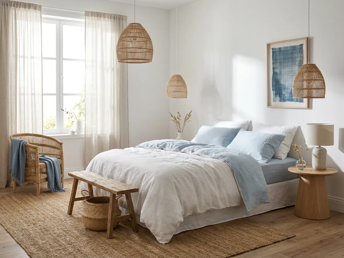 Chambre de location de style bord de mer en blanc, textures naturelles et bleu pâle
