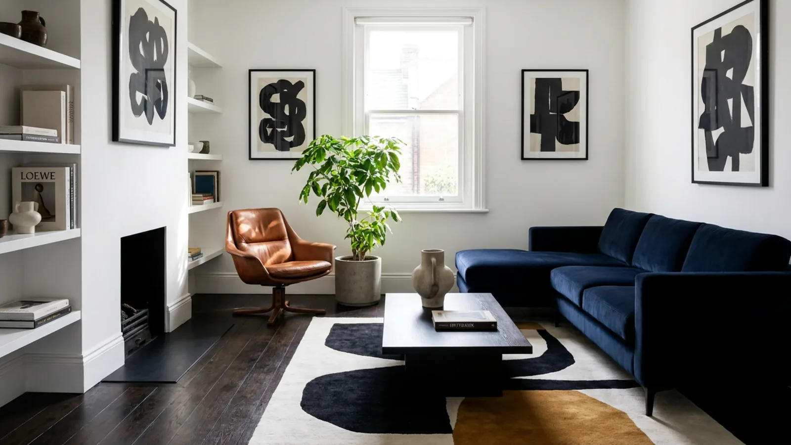 Le même salon repensé dans un style épuré, contrasté et parfaitement adapté à une miniature