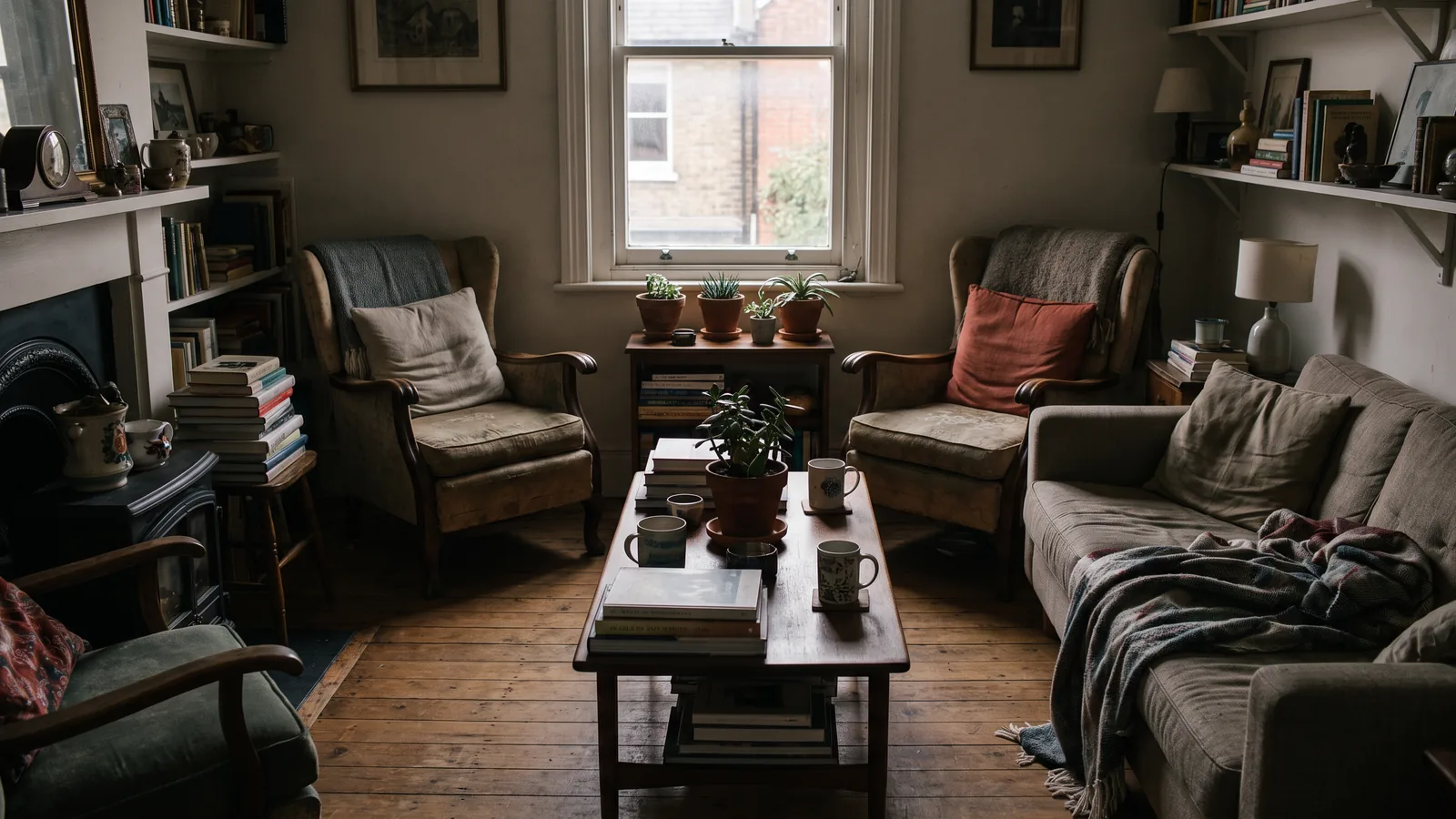 Un cliché sombre et encombré d'un petit salon