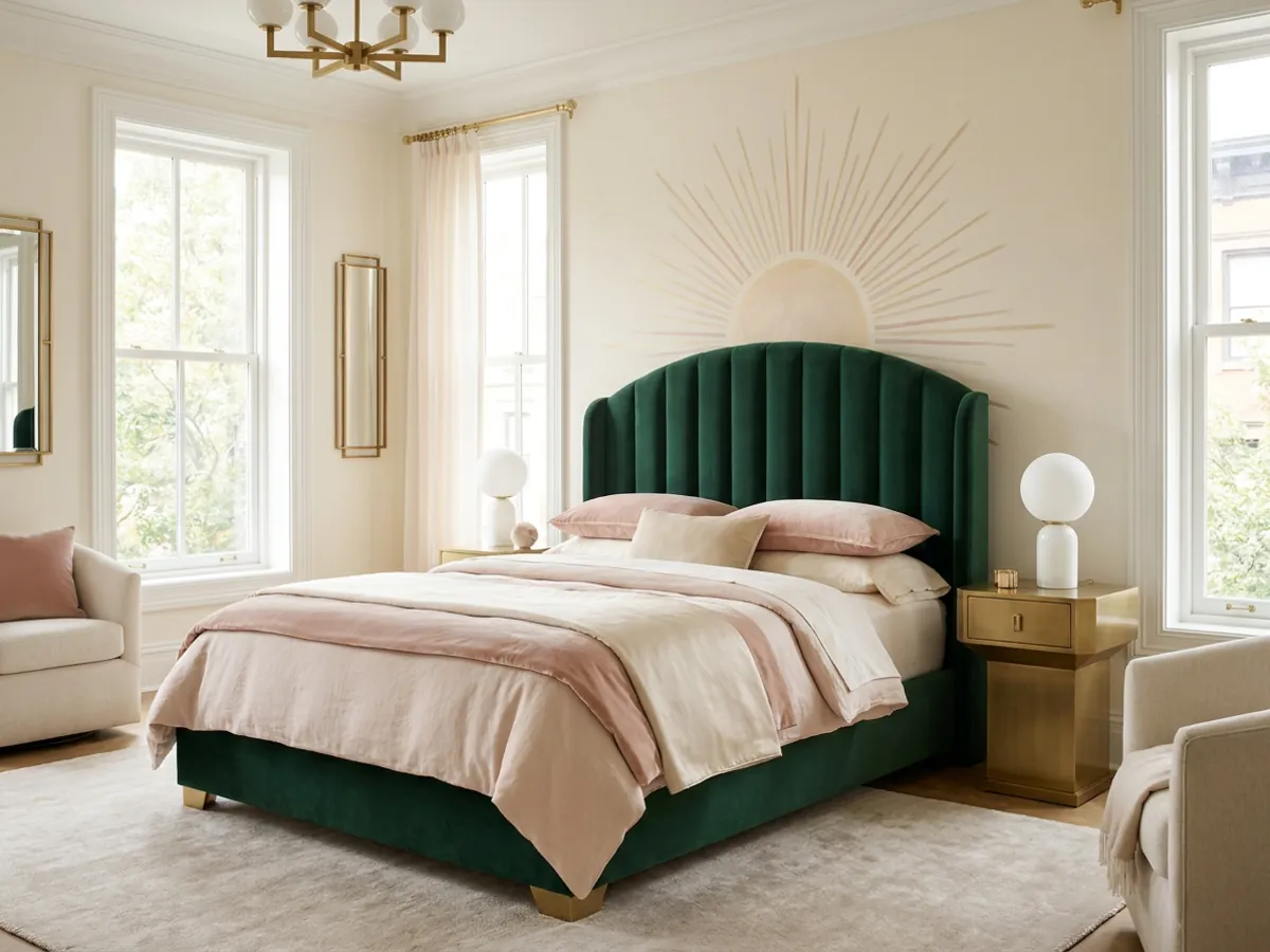 Une chambre Art déco avec une tête de lit en velours, des appliques en laiton et de la symétrie