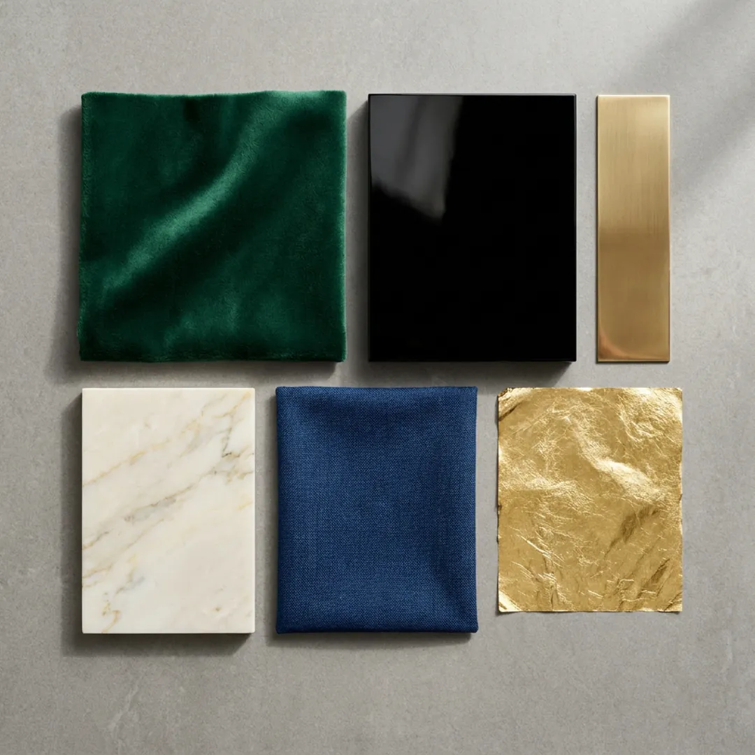 Palette de couleurs Art déco composée de noir, crème, tons de bijoux et métaux dorés