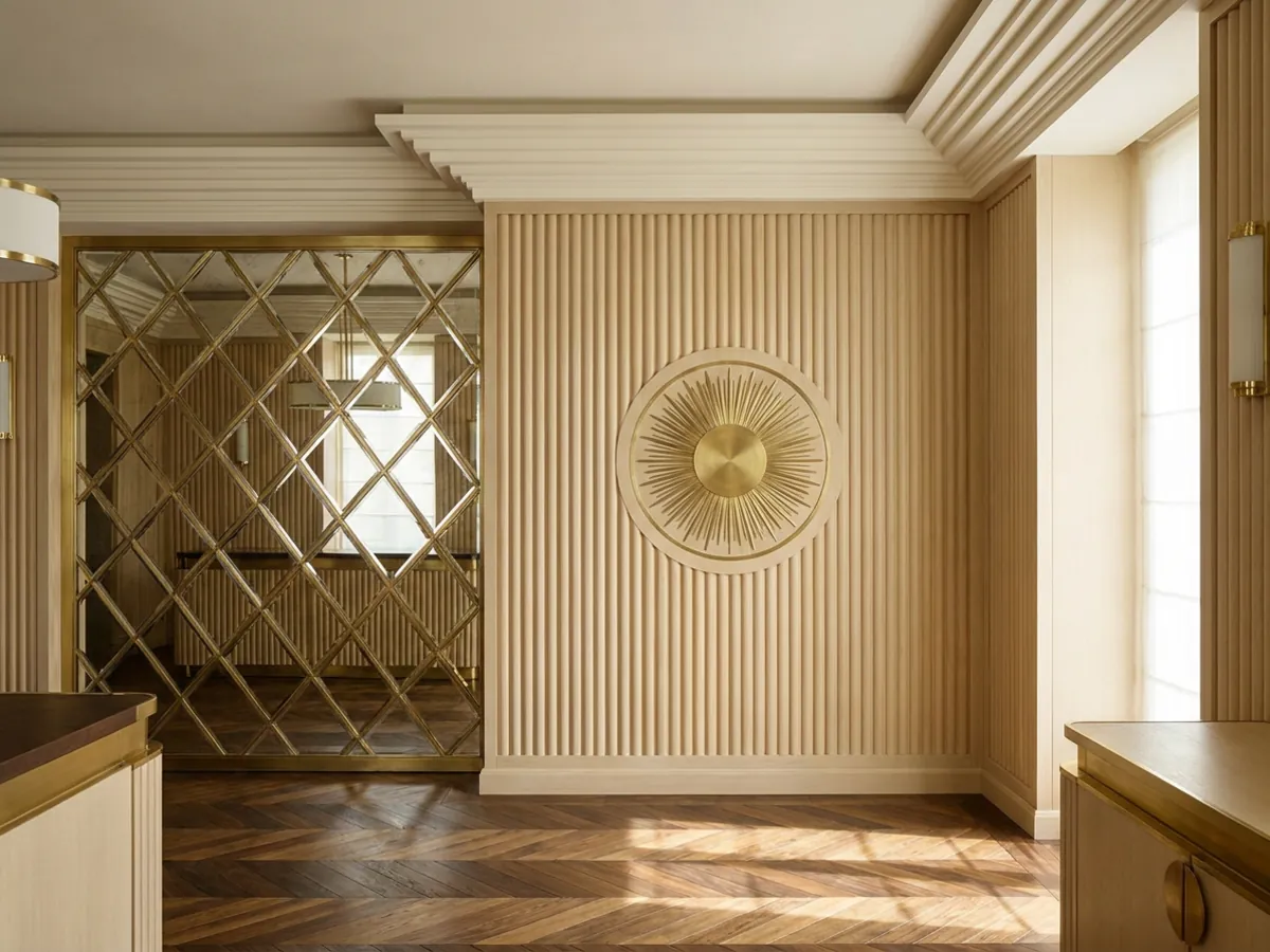 Motifs géométriques Art déco comprenant des soleils, des chevrons et des formes en gradins