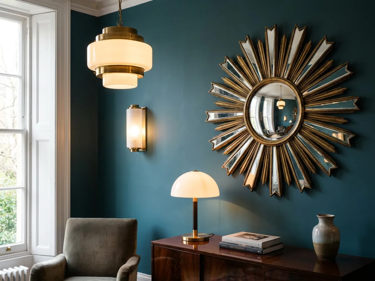 Éclairage et miroirs Art déco avec des luminaires en laiton et un miroir soleil