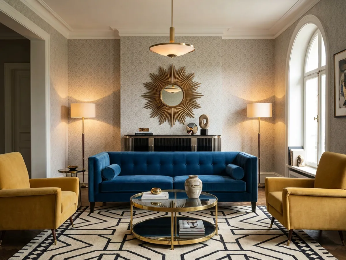 Un salon Art déco avec un canapé en velours, des touches de laiton et un tapis géométrique