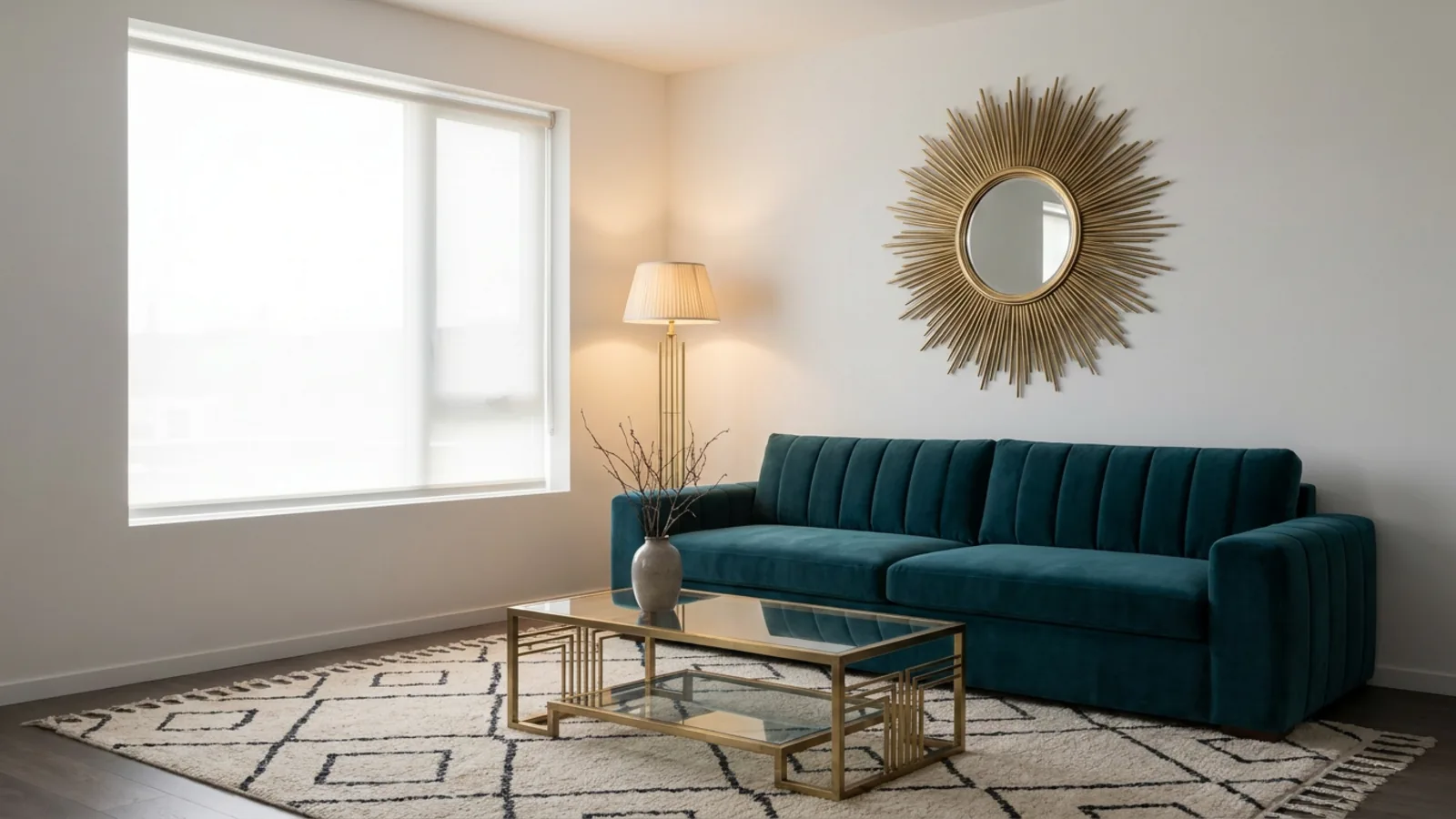 La même pièce relookée en Art déco moderne avec un glamour sobre