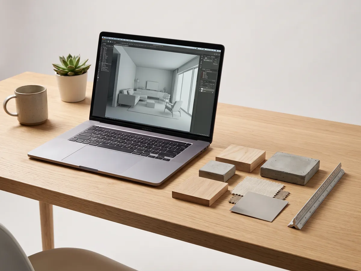 Un espace de travail de designer avec un modèle d'intérieur 3D à l'écran, représentant un rendu professionnel
