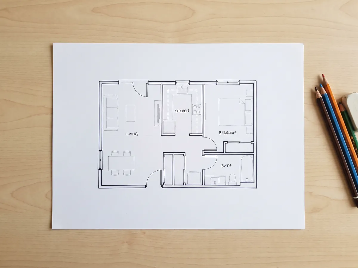 Un plan simple d'appartement d'une chambre avec indication des meubles