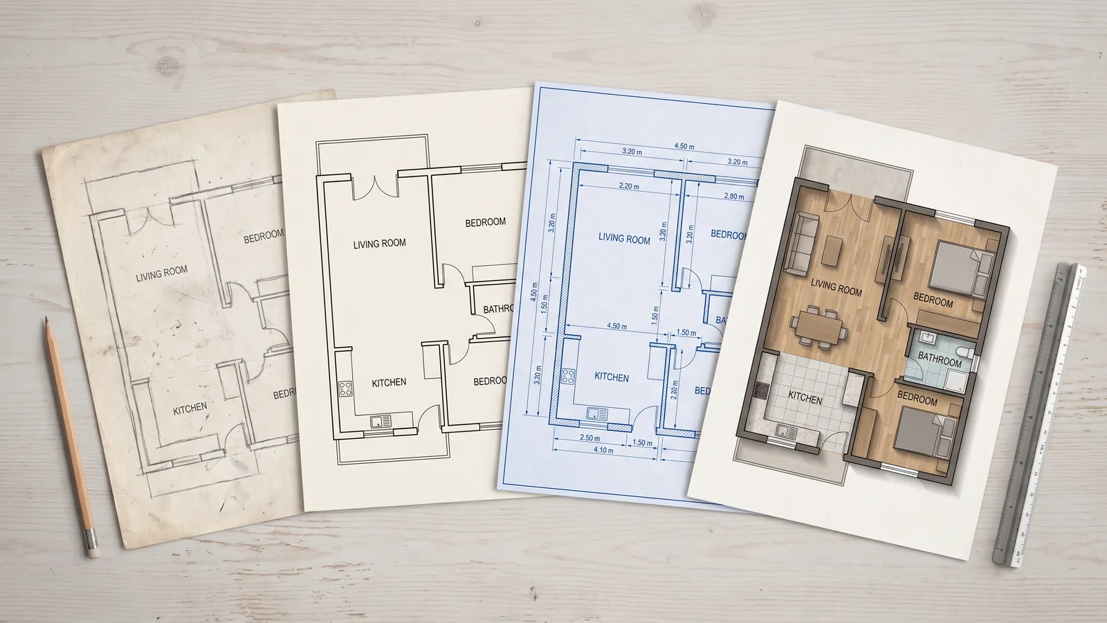 Le même appartement dessiné à quatre niveaux de finition, du croquis au plan de présentation