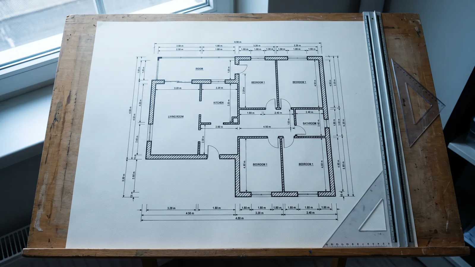 Un dessin technique détaillé sur une table à dessin avec une règle parallèle et une équerre