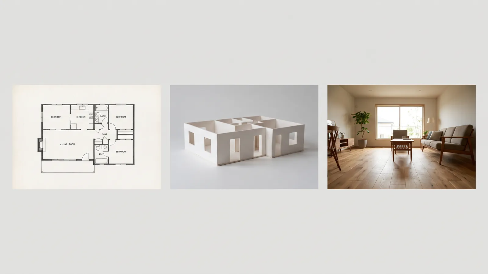 Un plan plat, un modèle 3D simple et un intérieur photoréaliste du même espace