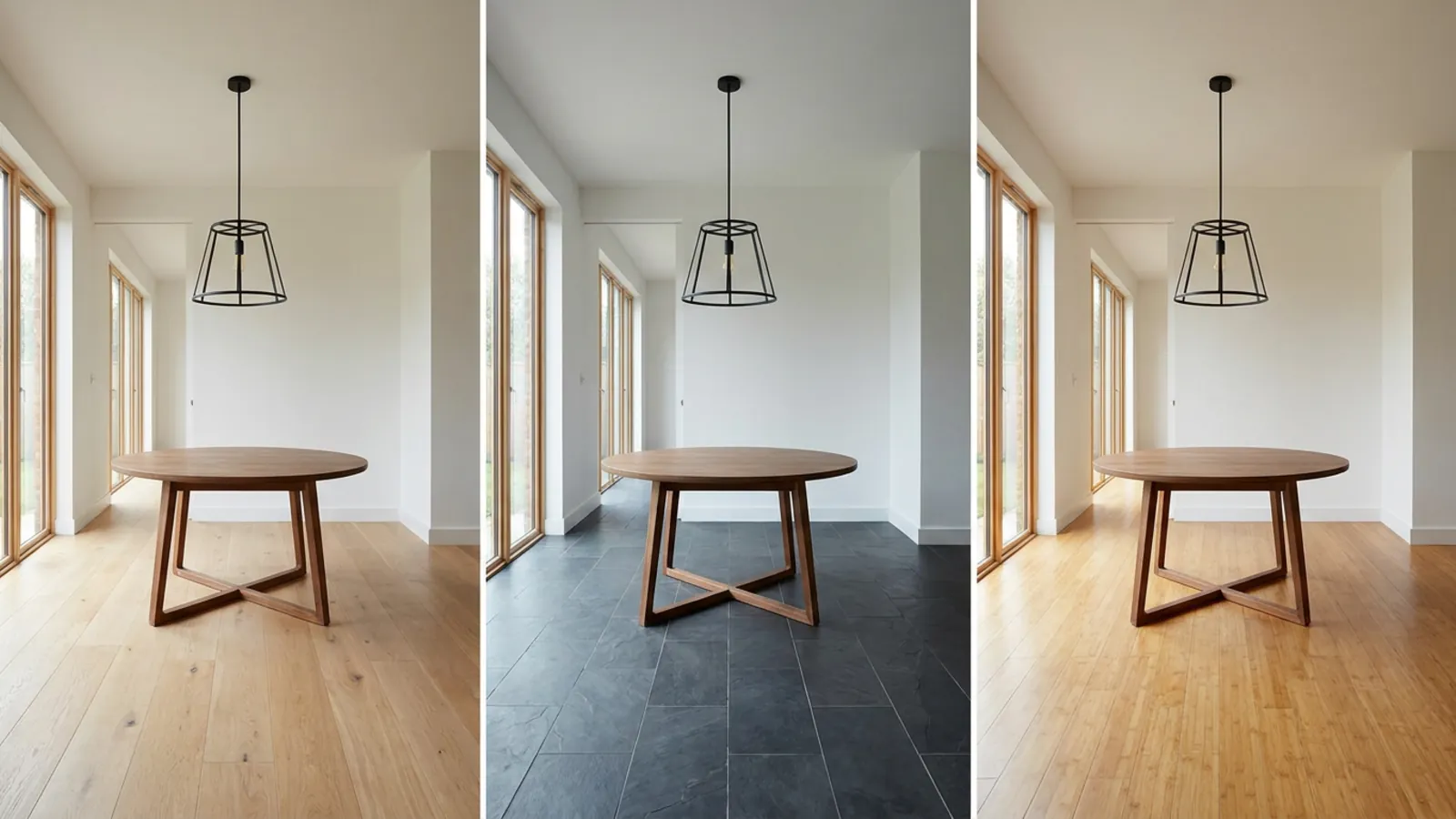 The same room shown with two different material options for comparison