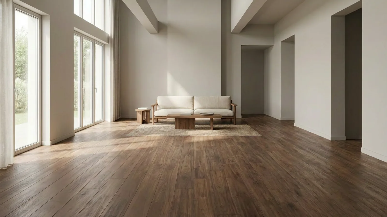The same room with a new wood floor, everything else unchanged