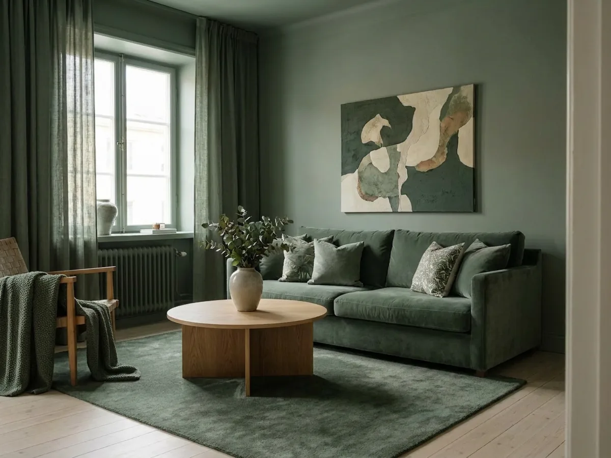 The same room with a new wall color, furniture and light kept
