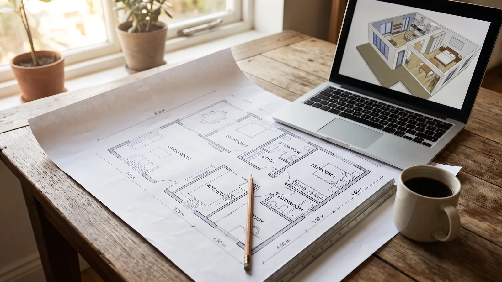 Un plan de maison imprimé à côté d'un ordinateur portable montrant le même design en trois dimensions
