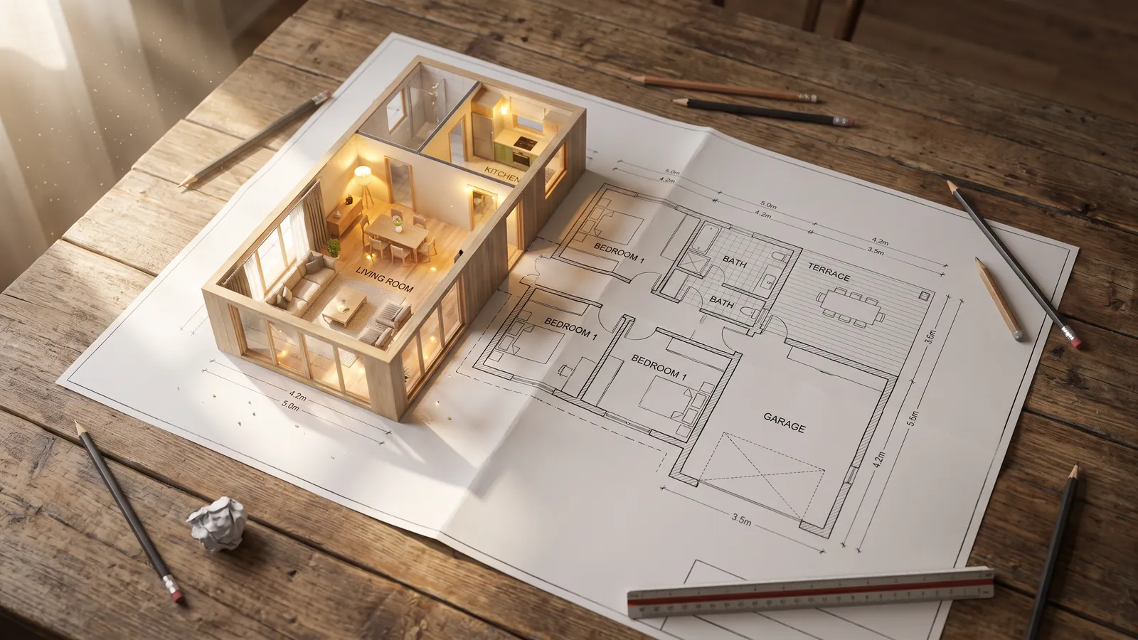 Un plan de maison avec une aile qui s'élève pour former un modèle 3D meublé
