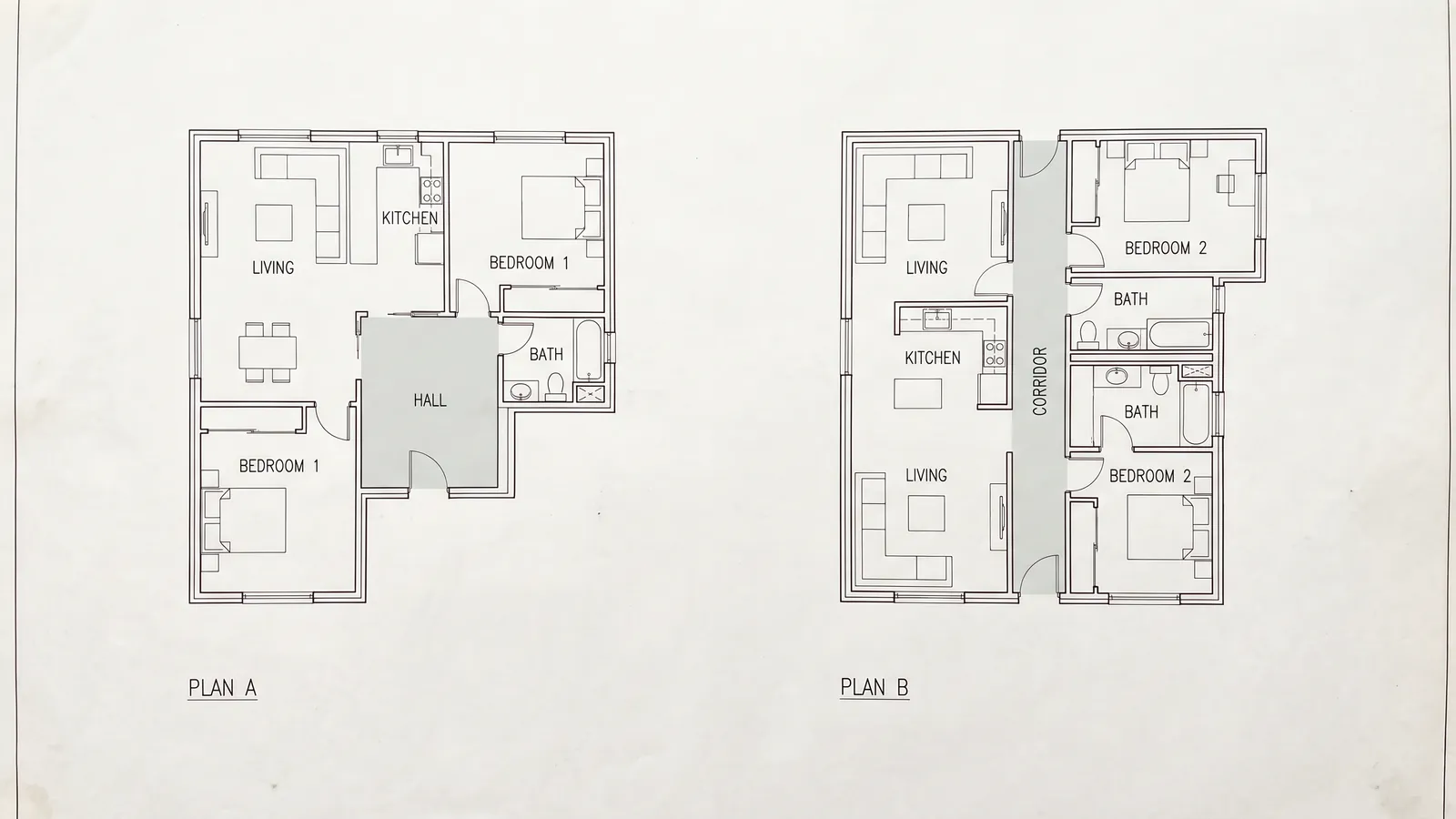 Comparaison entre un plan avec hall central et un plan avec couloir, la circulation étant mise en évidence sur les deux