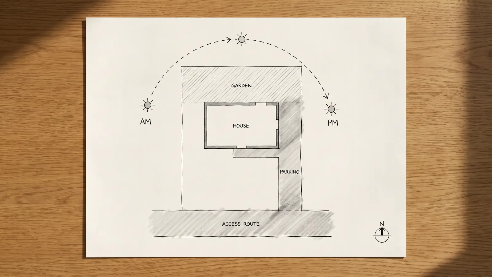 Plan de masse avec l'emprise de la maison, la course du soleil et les voies d'accès indiquées