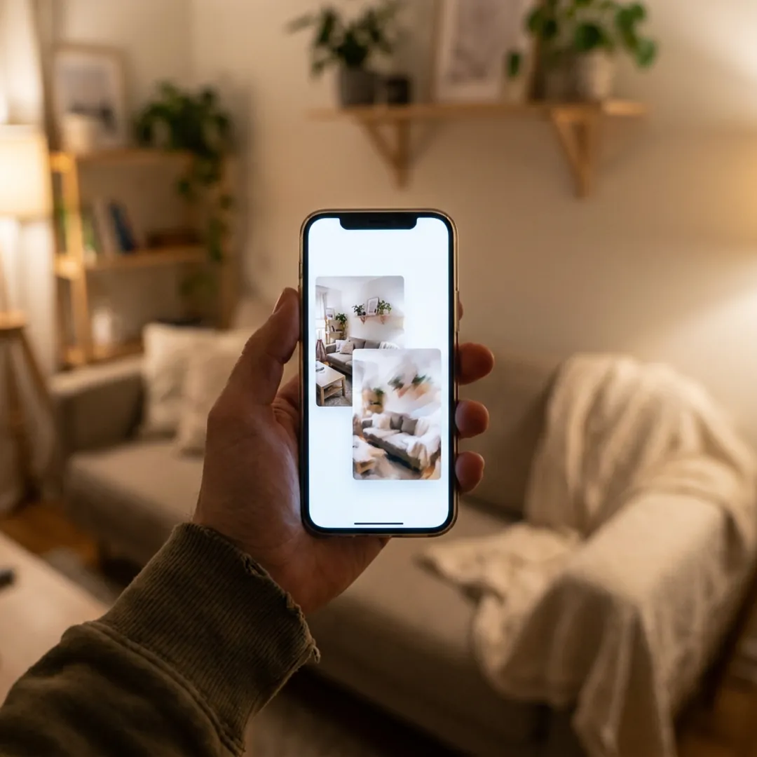Un téléphone affichant la photo d'une pièce en cours de modification, la vraie pièce en arrière-plan