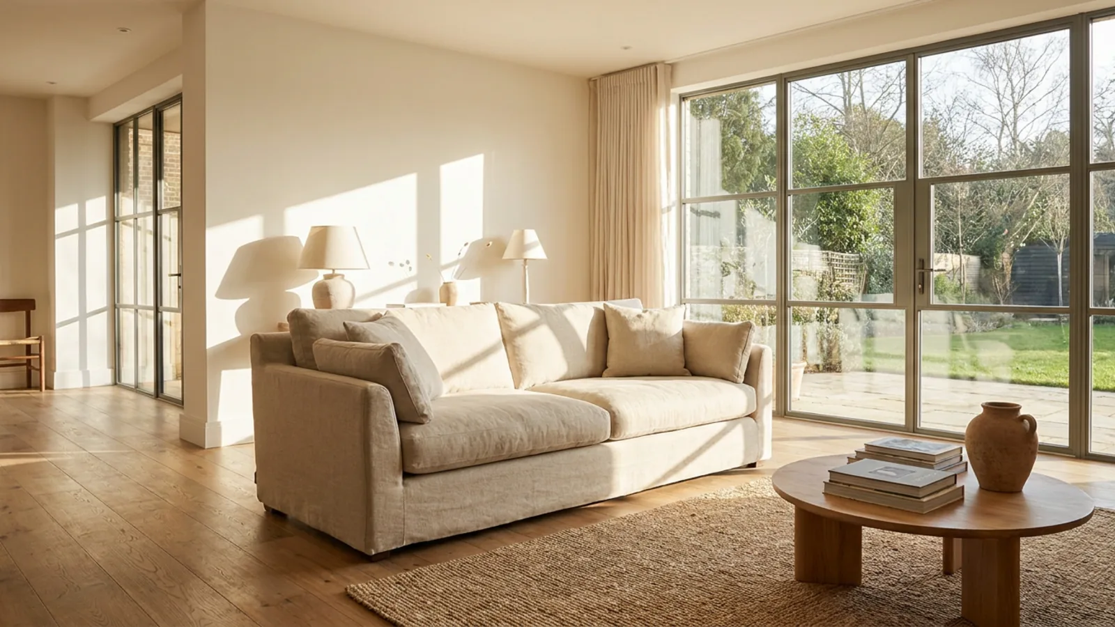 Un salon avec un canapé beige