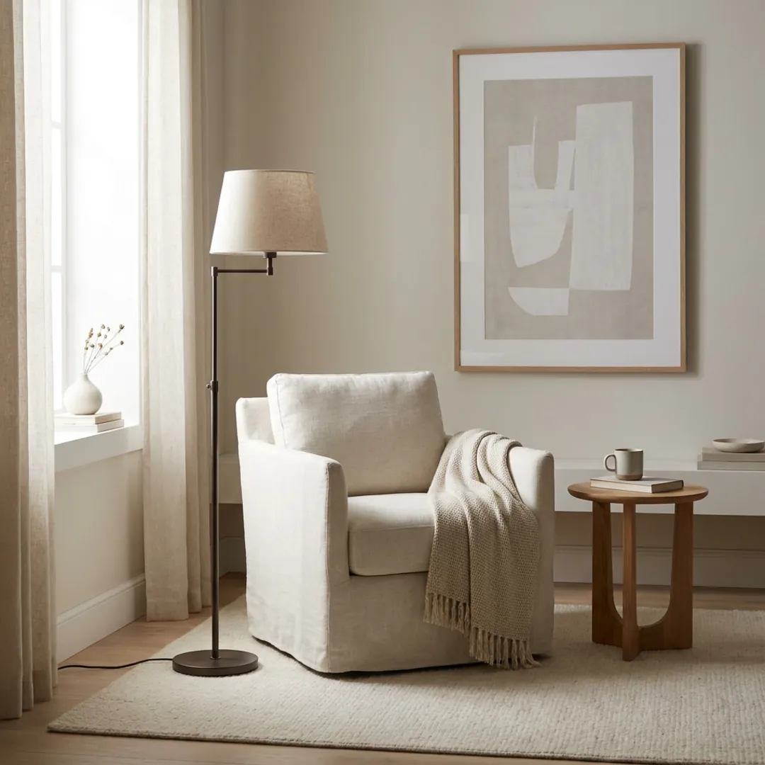 Le coin d'un salon où un élément, le lampadaire, est la cible d'une modification précise