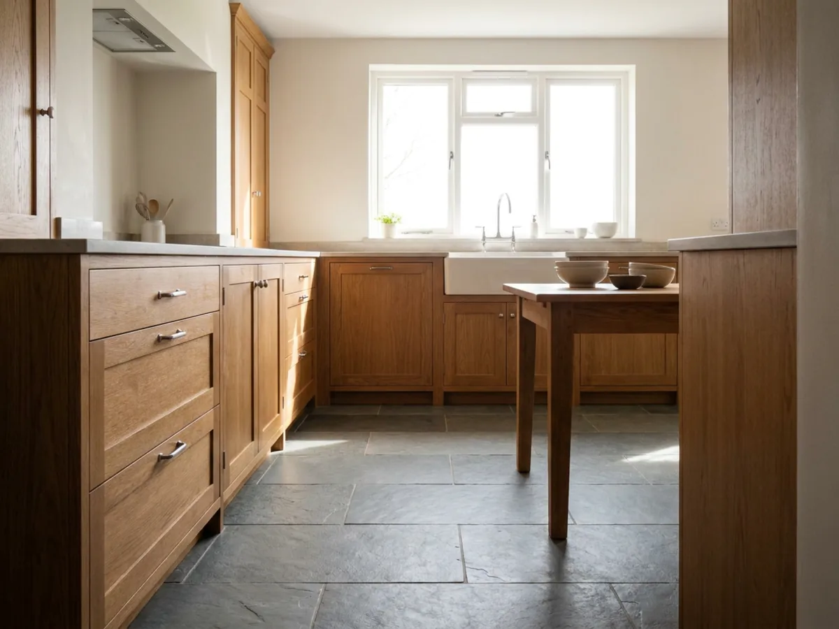 Une cuisine avec un carrelage gris
