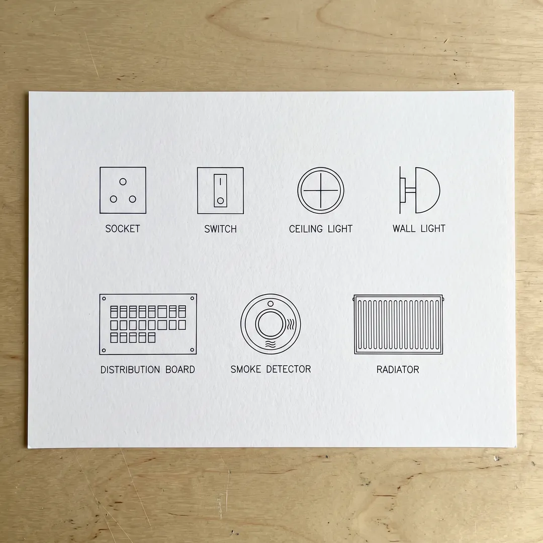 Symboles électriques pour prises, interrupteurs, éclairages, un tableau de répartition et un radiateur