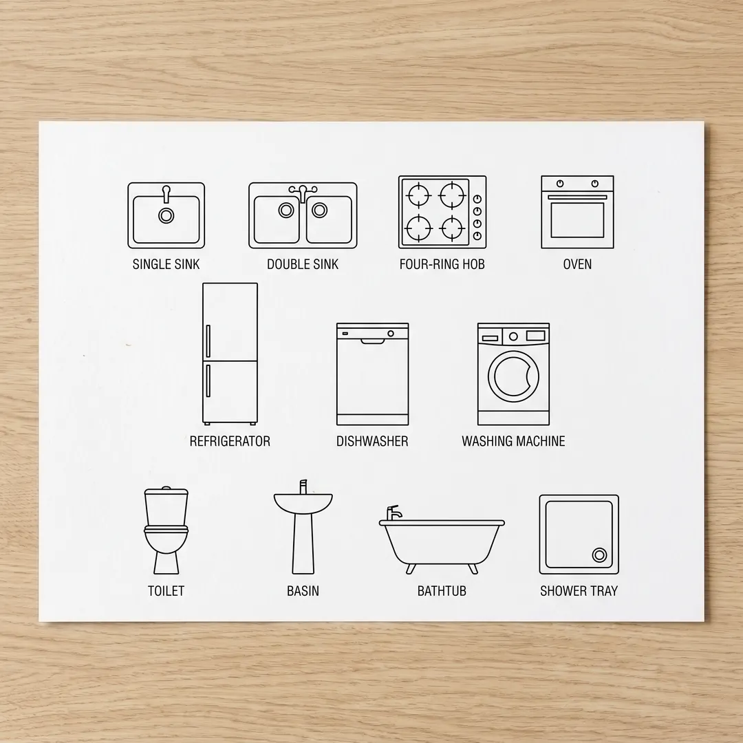 Symboles de plan pour évier, plaque de cuisson, four, réfrigérateur, toilettes, lavabo, baignoire et douche