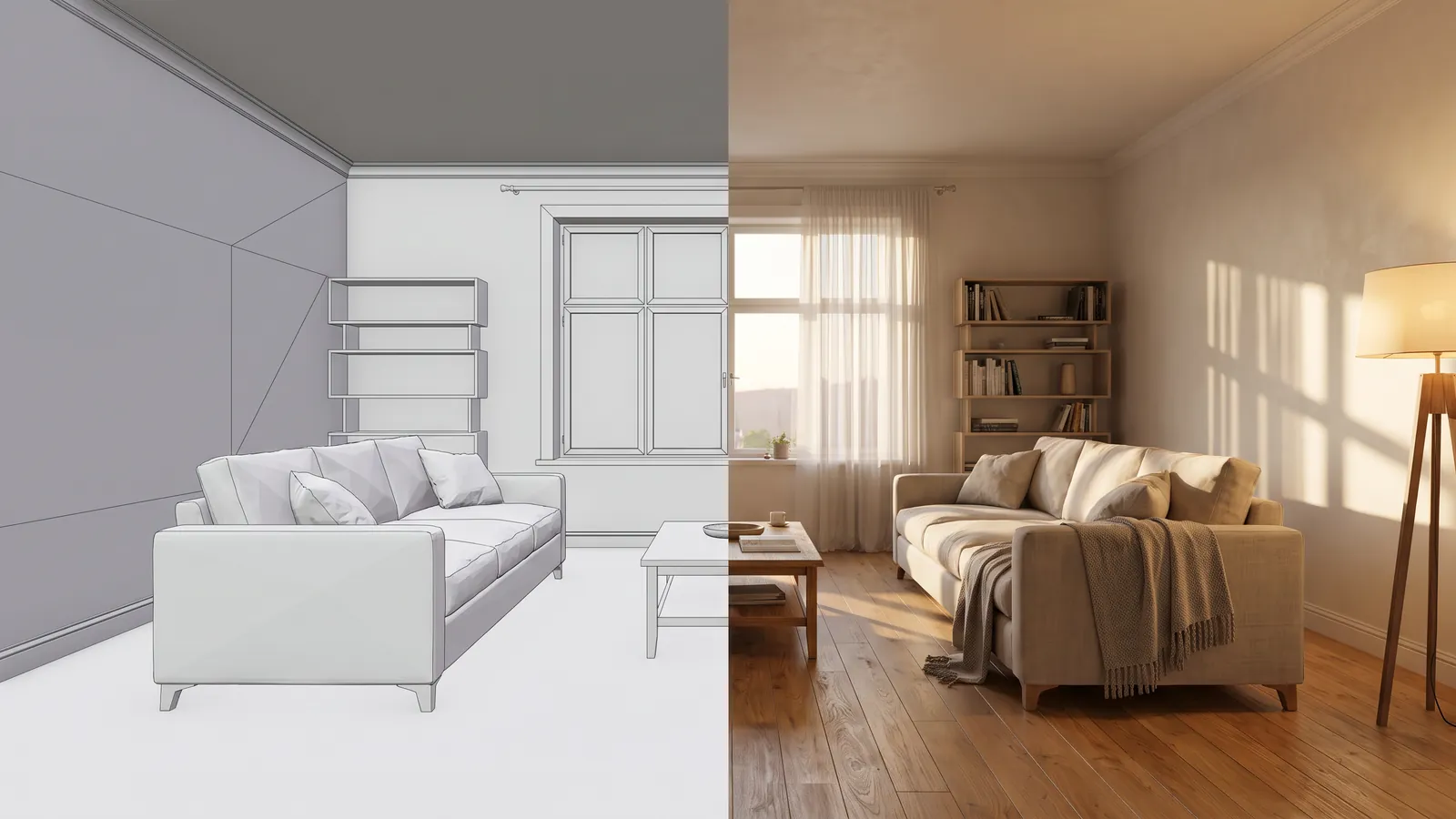 Vue d'un modèle 3D simple à côté d'un rendu photoréaliste du même point de vue