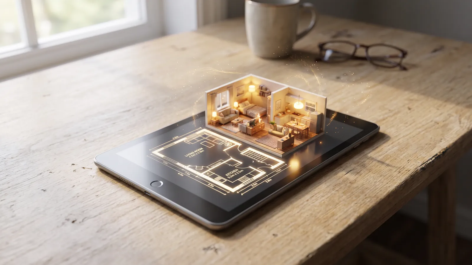 Tablette affichant un plan au sol tracé avec un modèle 3D meublé s'élevant au-dessus de l'écran