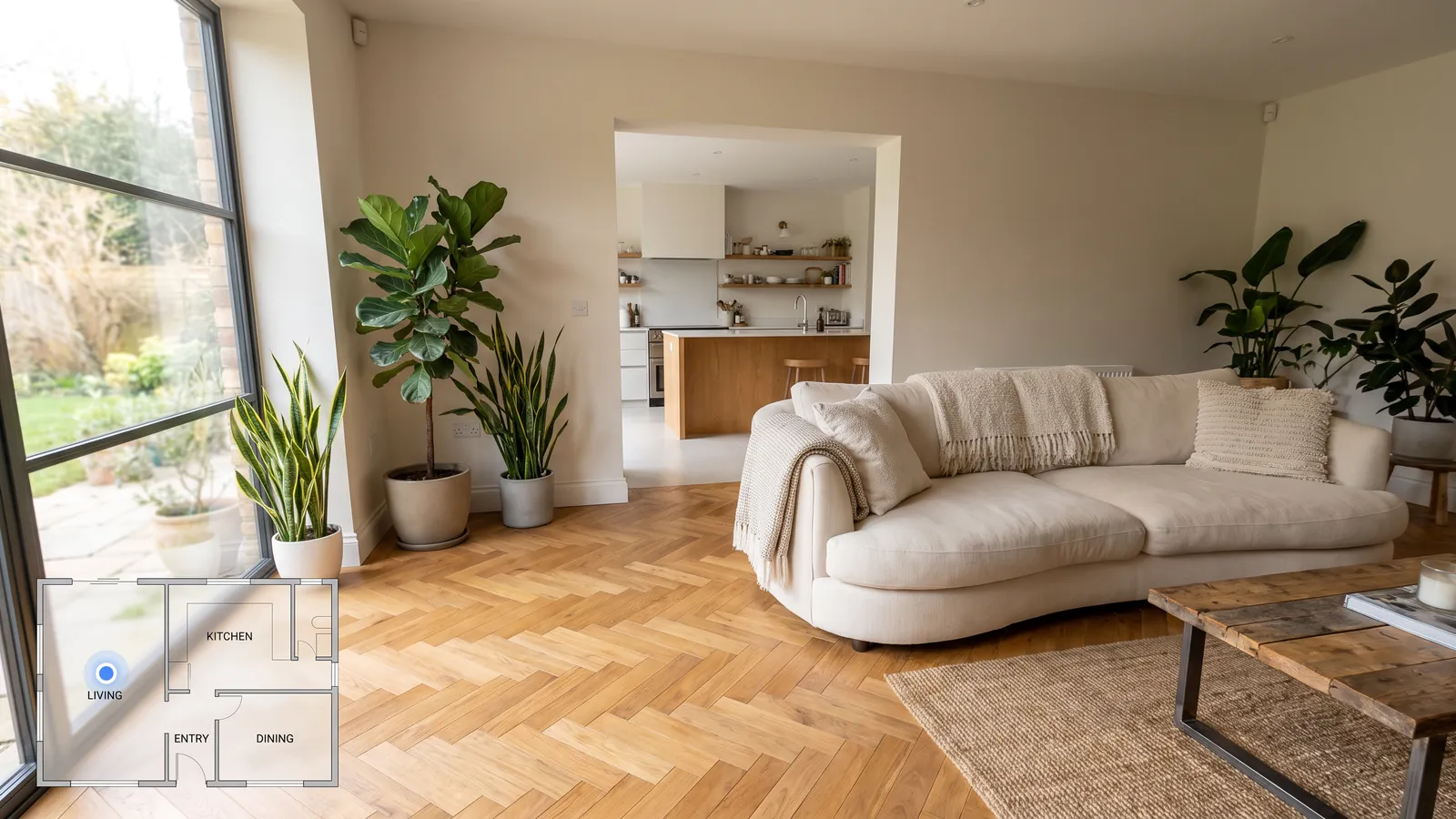 Visite 3D à la première personne d'un plan au sol avec un marqueur de position sur le plan