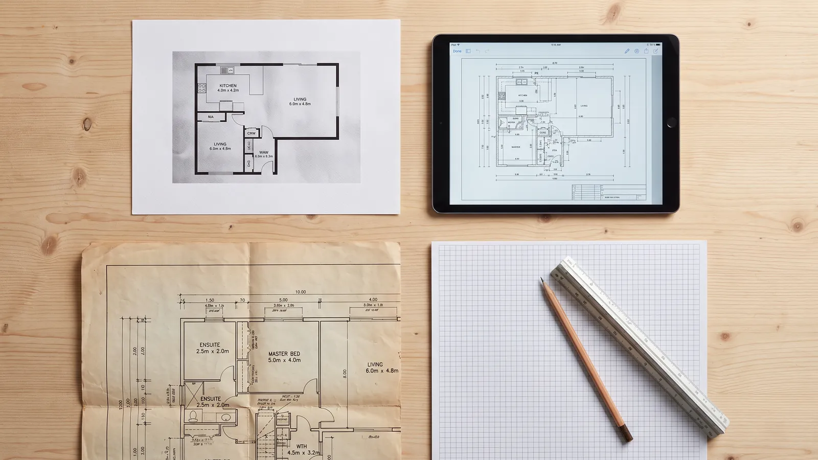 Quatre façons de commencer un plan : une feuille photographiée, un dessin sur tablette, un plan d'architecte imprimé et du papier millimétré vierge