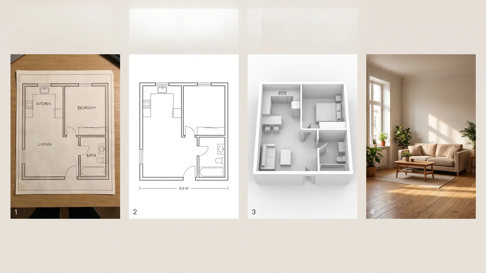 Un appartement suivi depuis son plan imprimé, en passant par un dessin tracé et un modèle 3D, jusqu'au rendu photoréaliste final