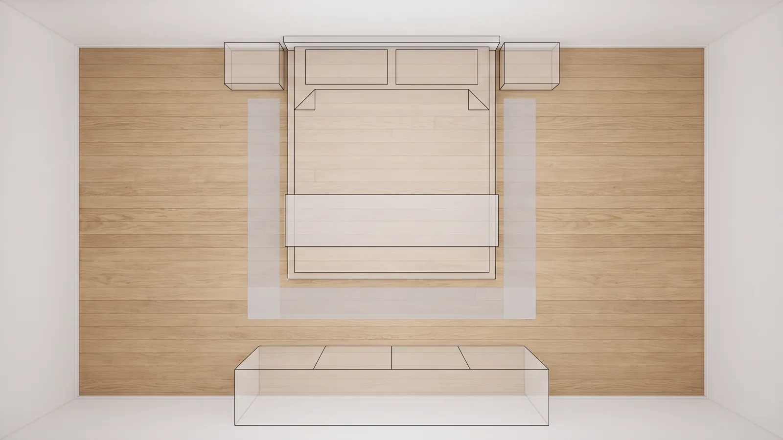Plan de chambre avec les zones de dégagement tracées autour du lit et devant l'armoire