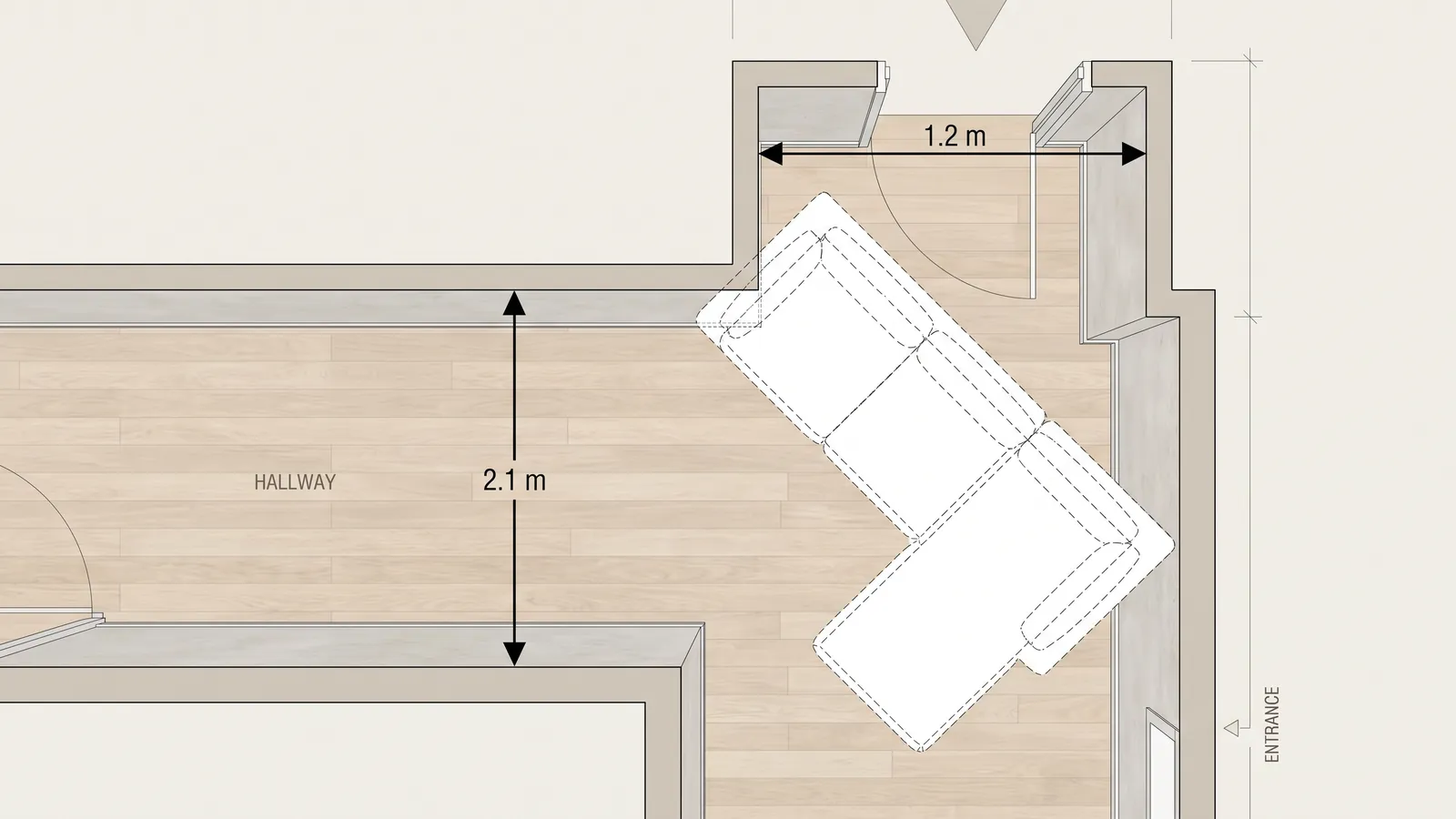Un canapé pivotant dans l'angle d'un couloir avec les largeurs de la porte et du couloir indiquées