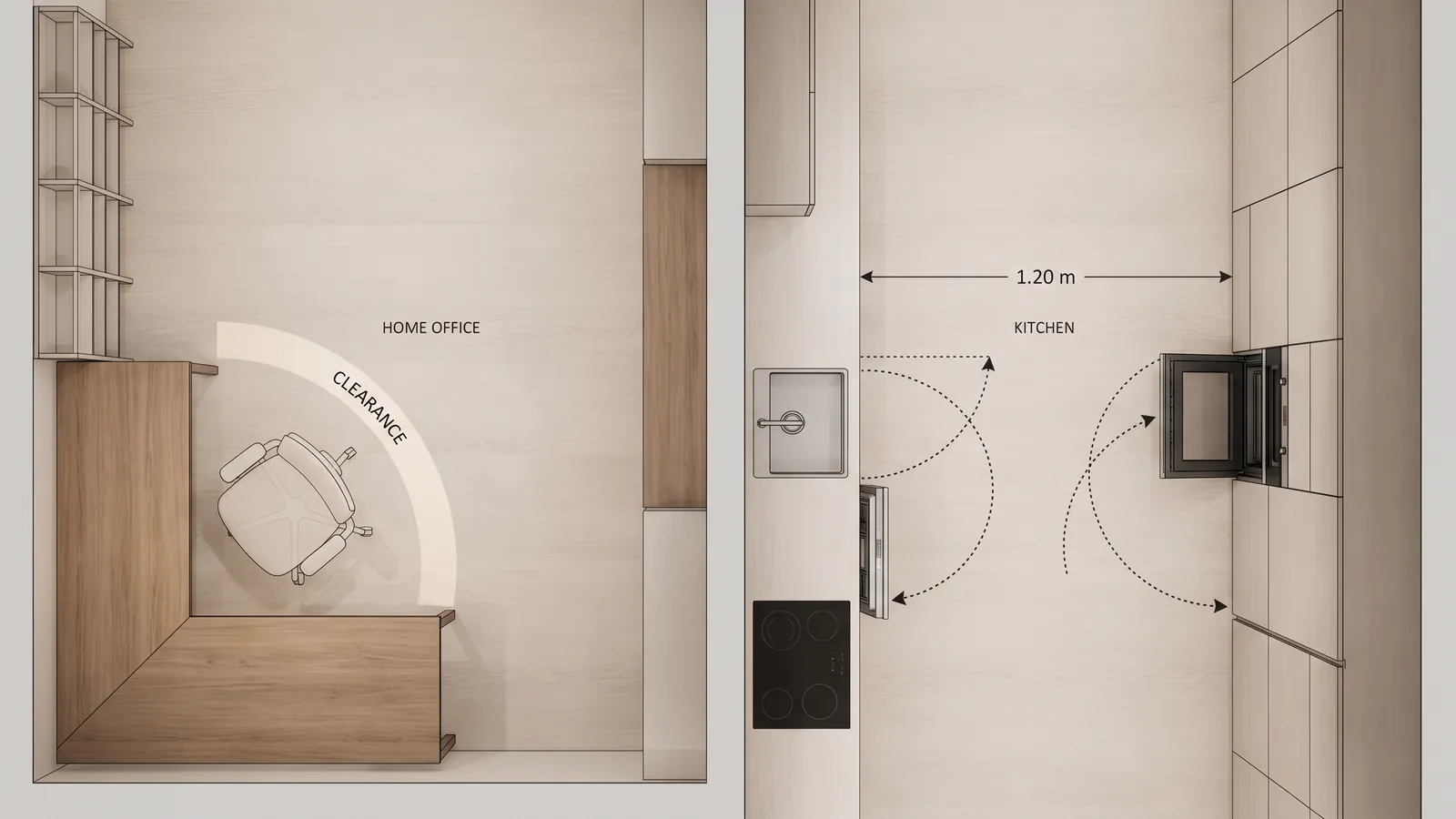 Plan d'un bureau et d'une cuisine avec le dégagement pour la chaise et les portes d'électroménager s'ouvrant dans le passage