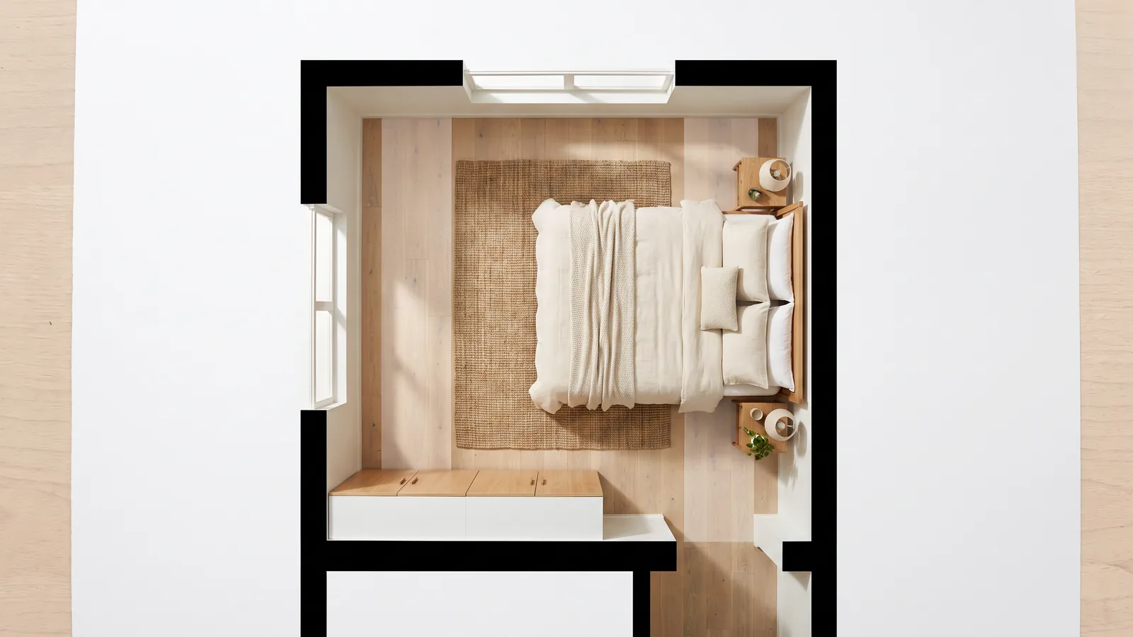 La même pièce avec un espace de passage dégagé devant l'armoire et à côté du lit