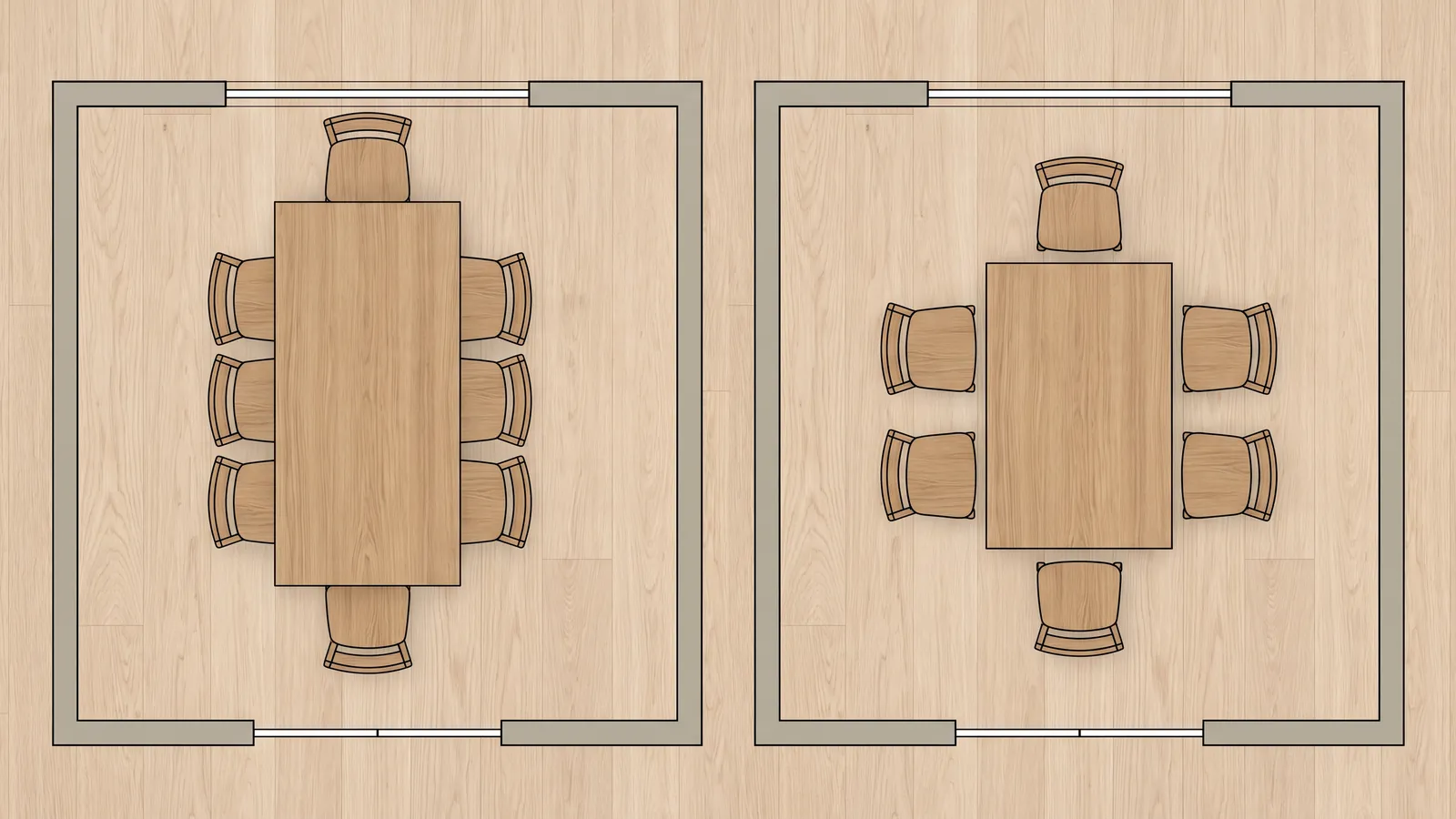 Une table de salle à manger dont les chaises reculées butent contre les murs, à côté d'une table plus petite qui laisse du passage