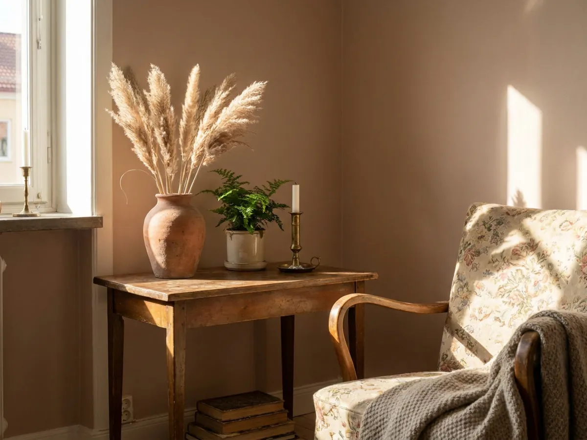 Un coin aménagé à petit prix pour 2026 avec du bois chiné, de la terre cuite et une chaise florale contre un mur d'argile