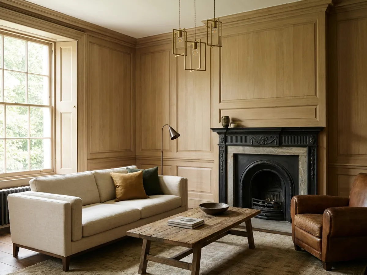 Salon style héritage moderne mélangeant des boiseries d'époque avec du mobilier contemporain pour 2026