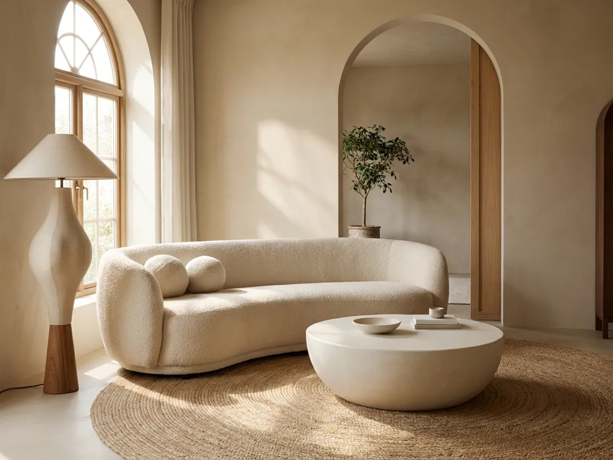 Salon avec un canapé courbe et une ouverture en arche illustrant les formes sculpturales et organiques de 2026
