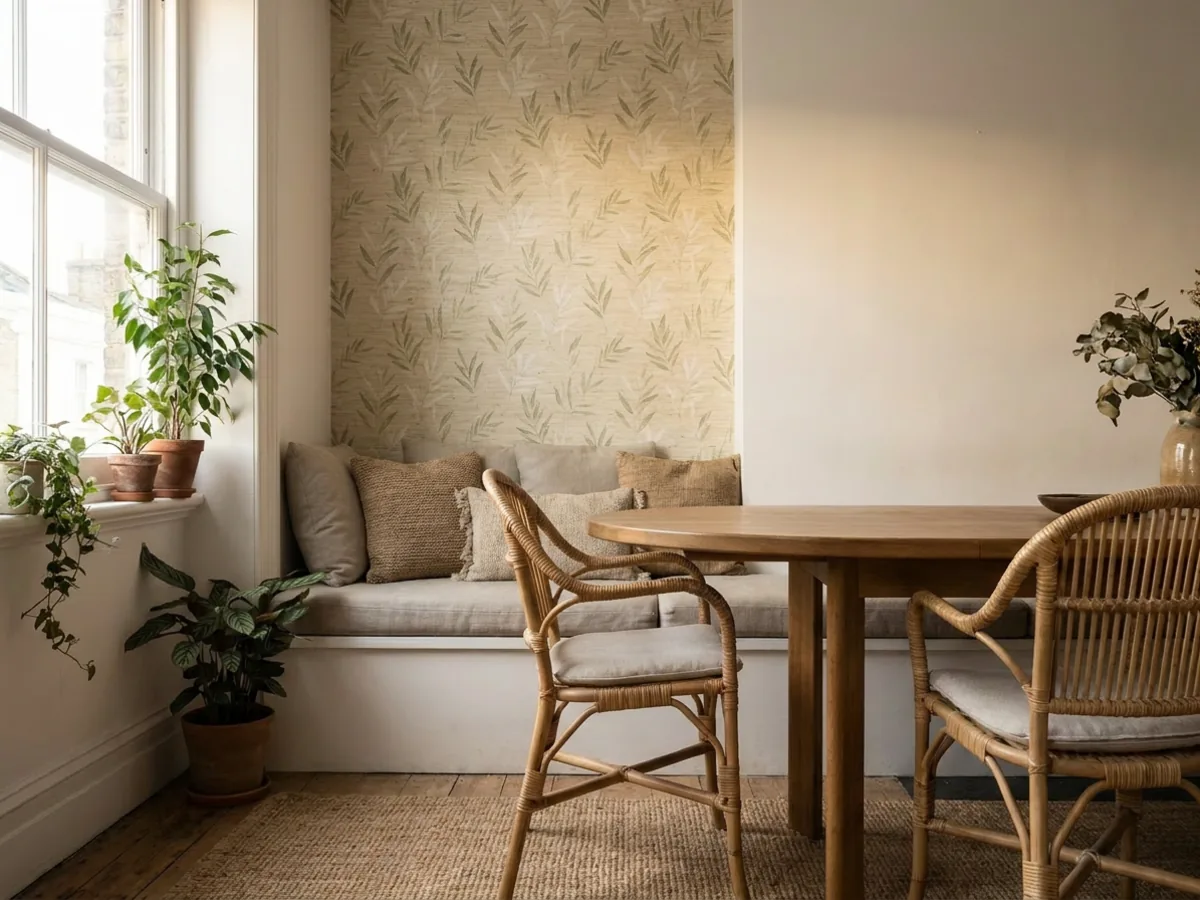 Le même coin repas avec un mur d'accent en paille japonaise botanique, une table en bois chaud et des chaises en rotin